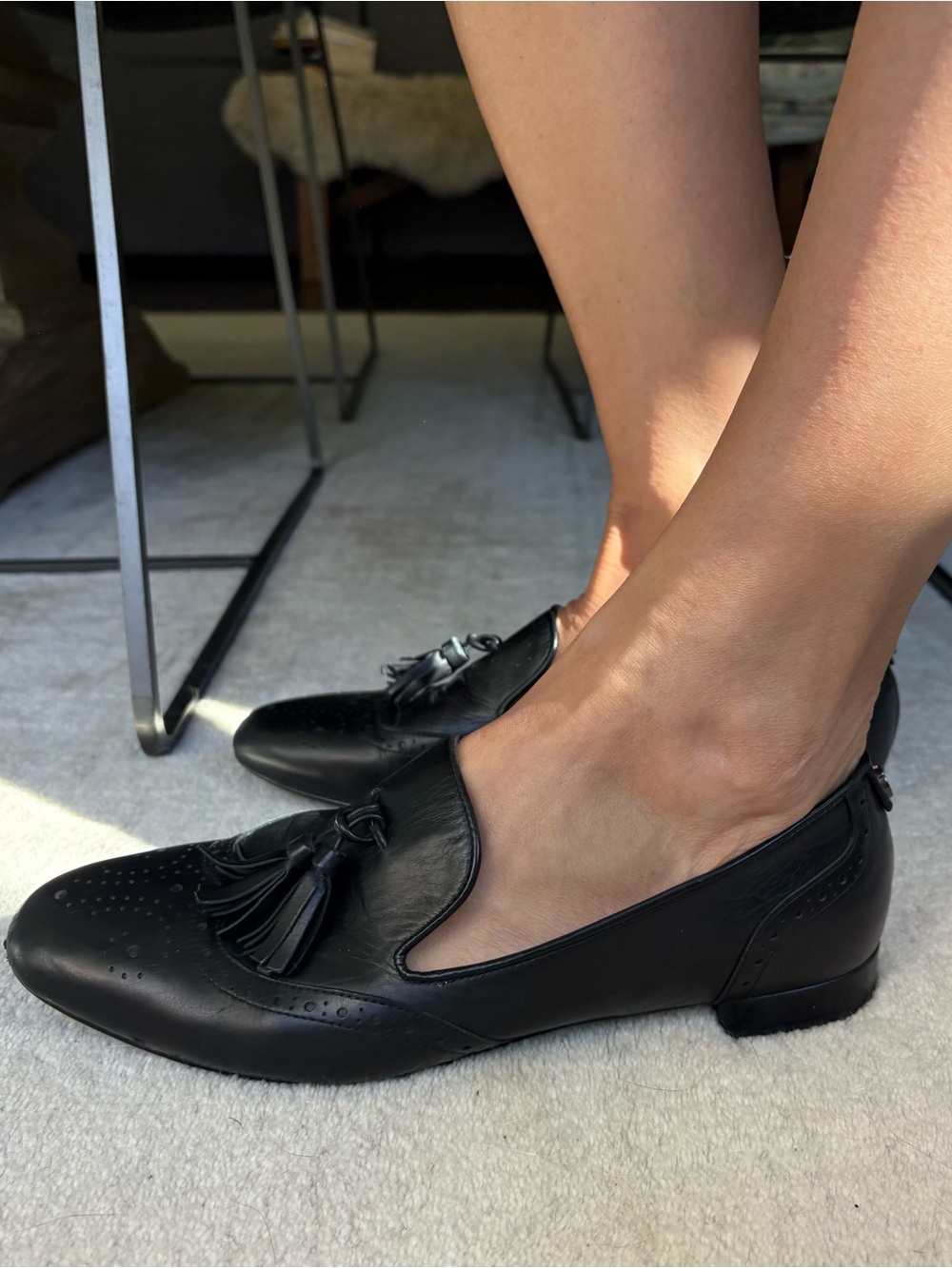 Russel & Bromley Black Tassel Brogue Loafers — Women's Leather Slip-Ons